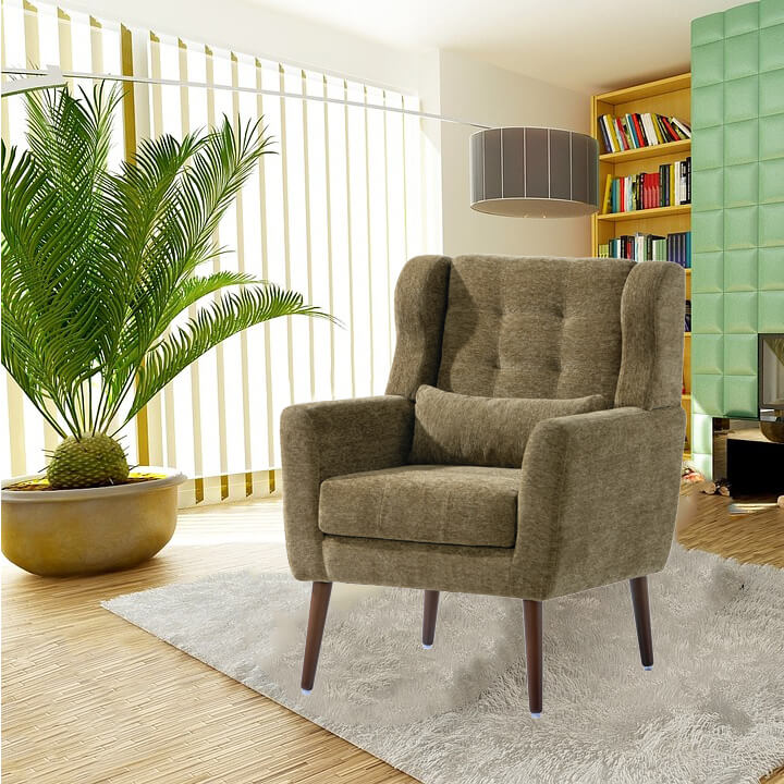 Angled view of the Modern Avocado Chenille Accent Chair in a cozy living room setting.
