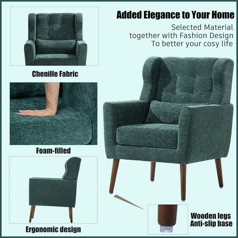 Side angle of the modern green accent chair highlighting the elegant oak legs.