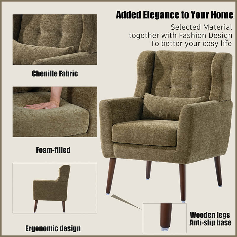 Modern Avocado Chenille Accent Chair showcasing its tufted design from the front.