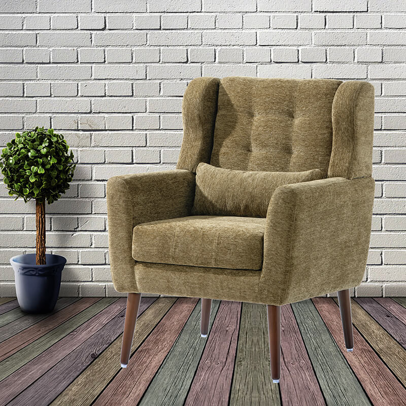 Side view of the Modern Avocado Accent Chair highlighting its smooth wood finish and comfortable foam.