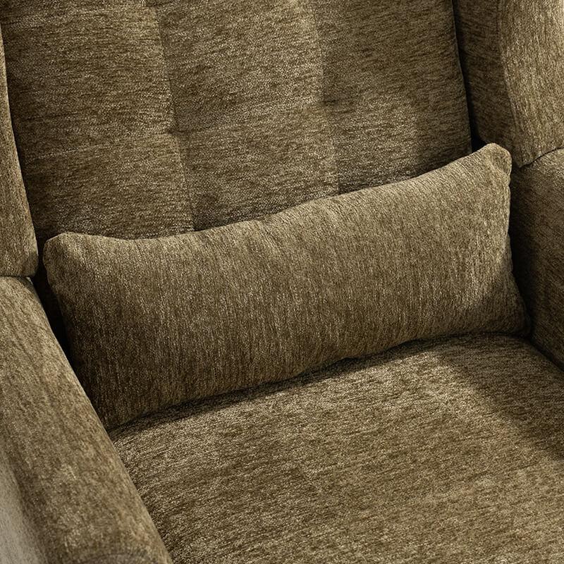 Angled view of the Modern Avocado Chenille Accent Chair in a cozy living room setting.
