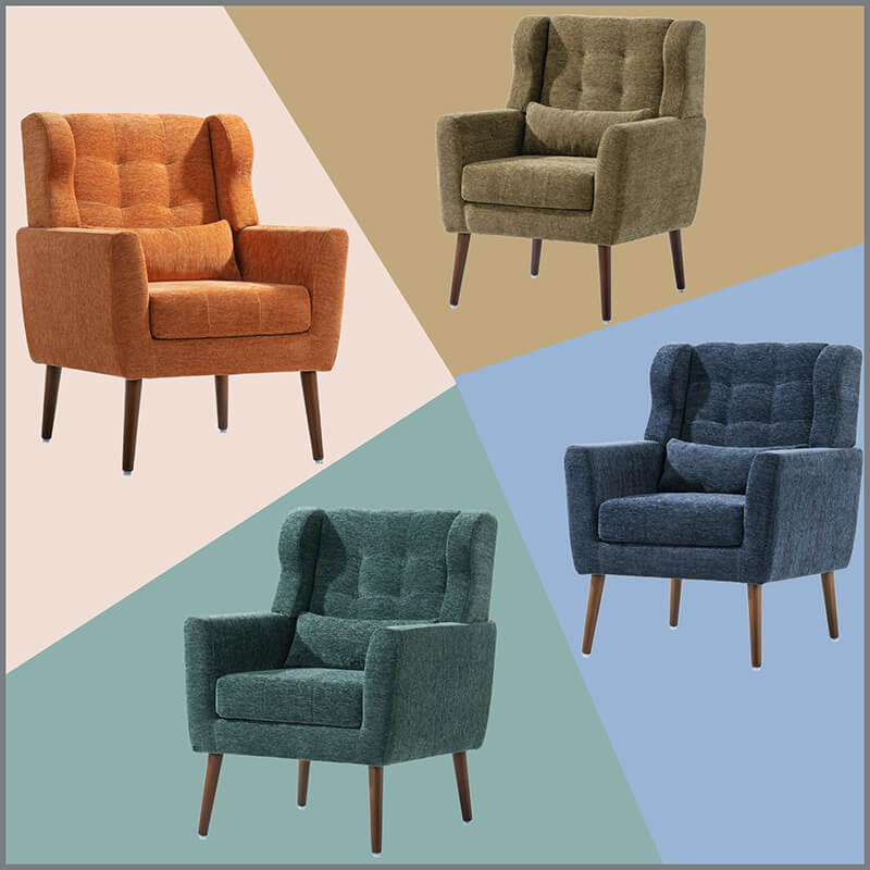 Side view of the Modern Avocado Accent Chair highlighting its smooth wood finish and comfortable foam.