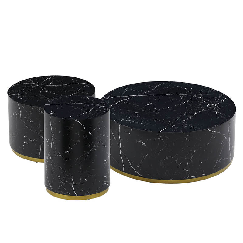 Elegant black marble round coffee table set displayed in a modern living room.