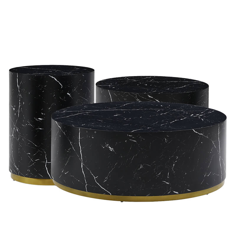 Close-up of the black marble pattern on the coffee table, highlighting its craftsmanship.