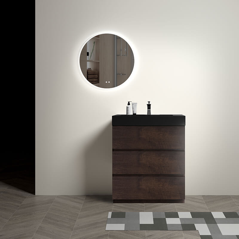 Front view of the modern walnut freestanding vanity showcasing the sleek black sink.