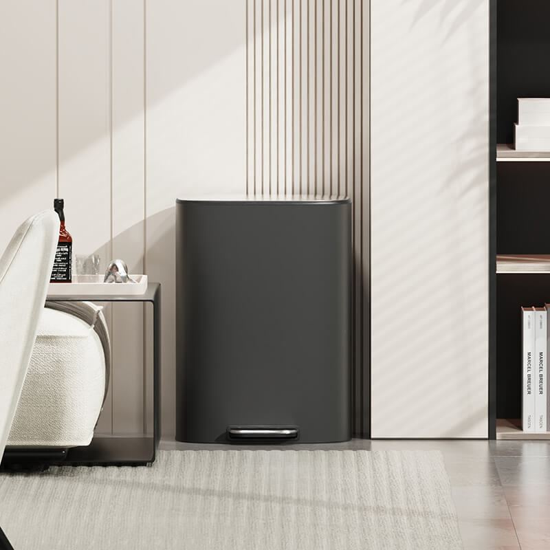 Elegant black stainless steel soft close trash can from the front angle, showcasing its sleek design.