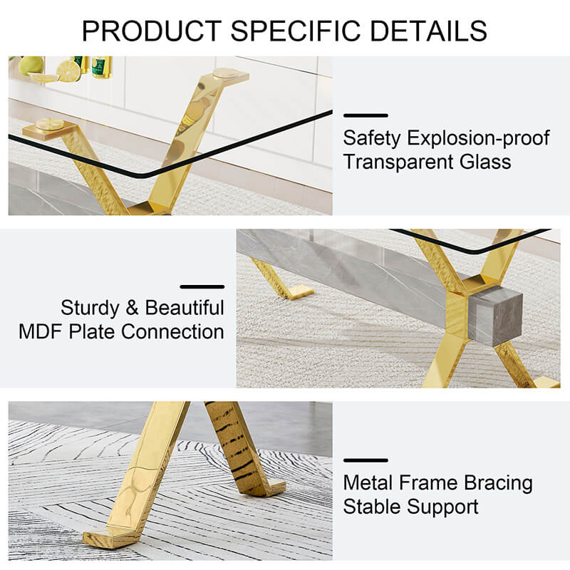 Close-up of gold-plated metal legs and glass edge detailing on the dining table