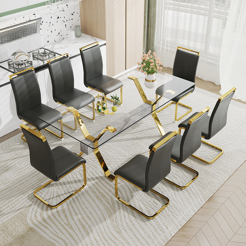 Overhead shot of the tempered glass dining table set with 8 chairs arranged for dinner