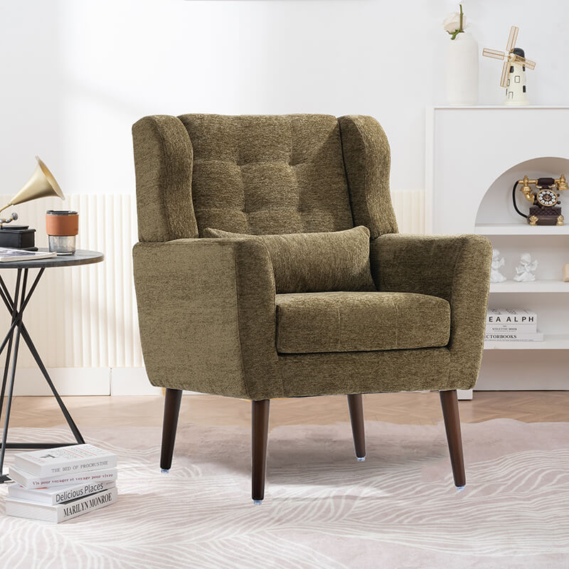 Modern Avocado Chenille Accent Chair showcasing its tufted design from the front.