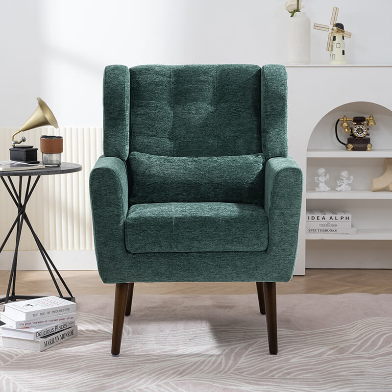 Front view of chic green upholstered accent chair showcasing its tufted design.