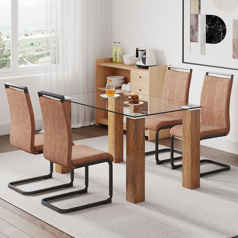 Modern wood wash glass dining table set with four brown chairs, showcasing a sleek design in a dining room setting.