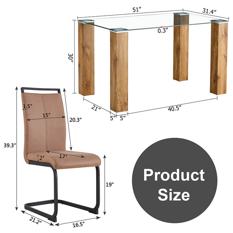 Modern wood wash glass dining table set with four brown chairs, showcasing a sleek design in a dining room setting.