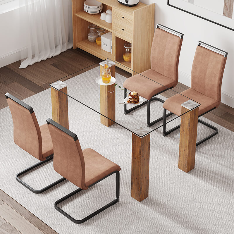 Close-up of the elegant glass top and natural wood wash finish of the dining table, highlighting its stylish features.