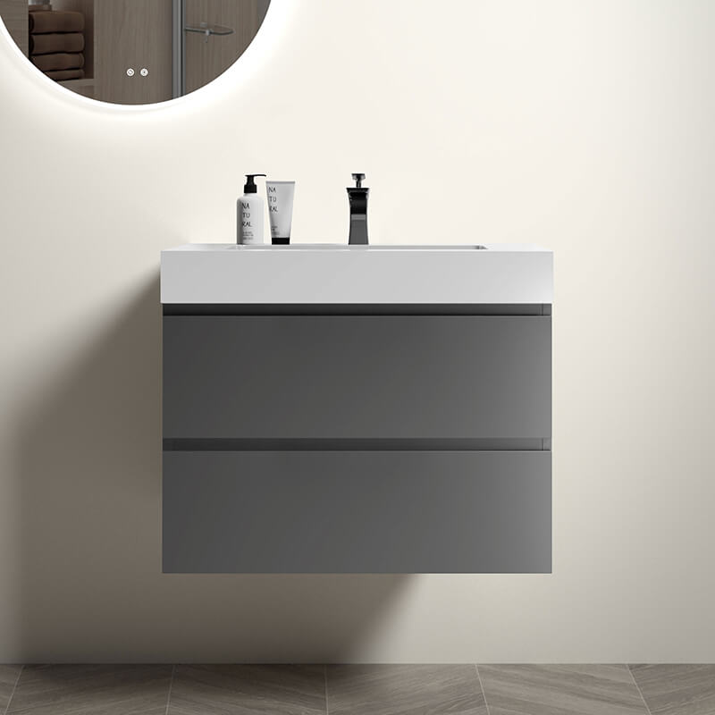 Front view of the modern grey wall-mounted vanity showcasing its sleek design and white sink.