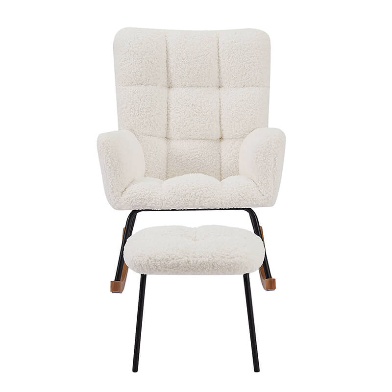 Beige recliner glider chair with ottoman in a nursery setting, showcasing its high backrest and smooth gliding motion.