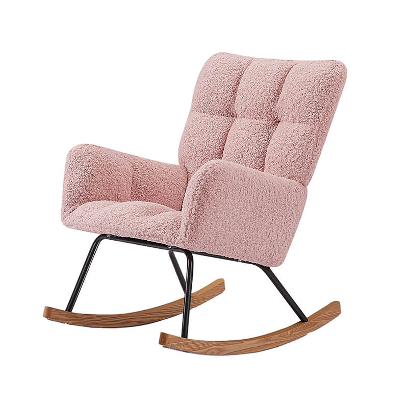 Full view of the pink boucle rocking chair in a stylish living room, demonstrating its versatility as a comfortable chair for adults.