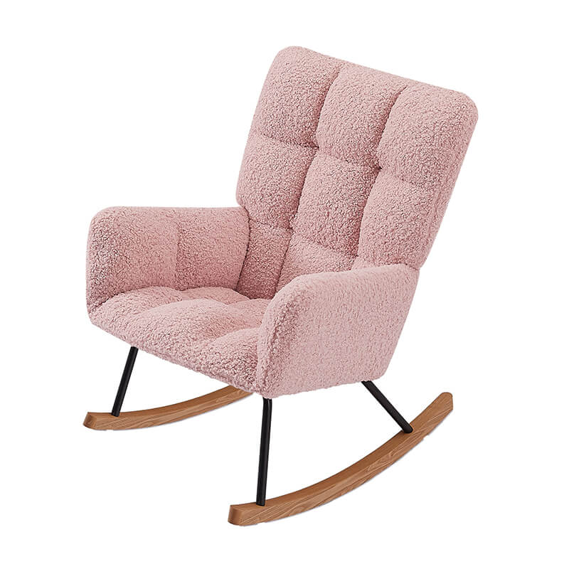 Close-up of the pink boucle upholstered rocking chair showcasing its soft fabric and ergonomic design.