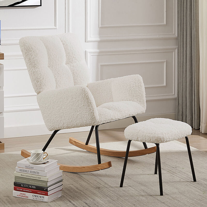 Beige recliner glider chair with ottoman in a nursery setting, showcasing its high backrest and smooth gliding motion.