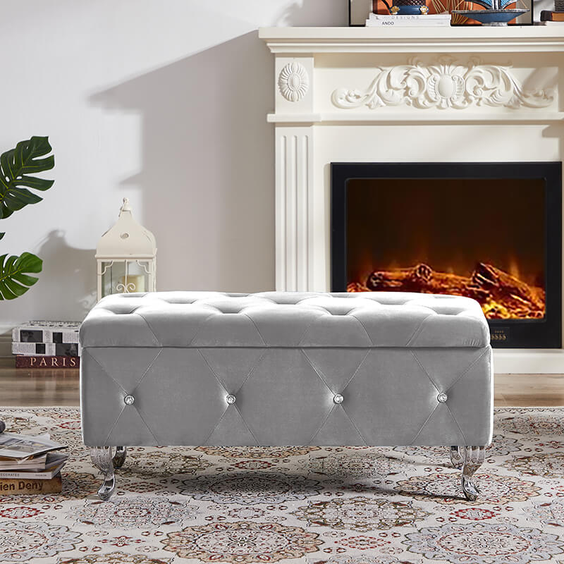 Elegant Grey Velvet Storage Ottoman Bench with Safety Hinge - Image 2