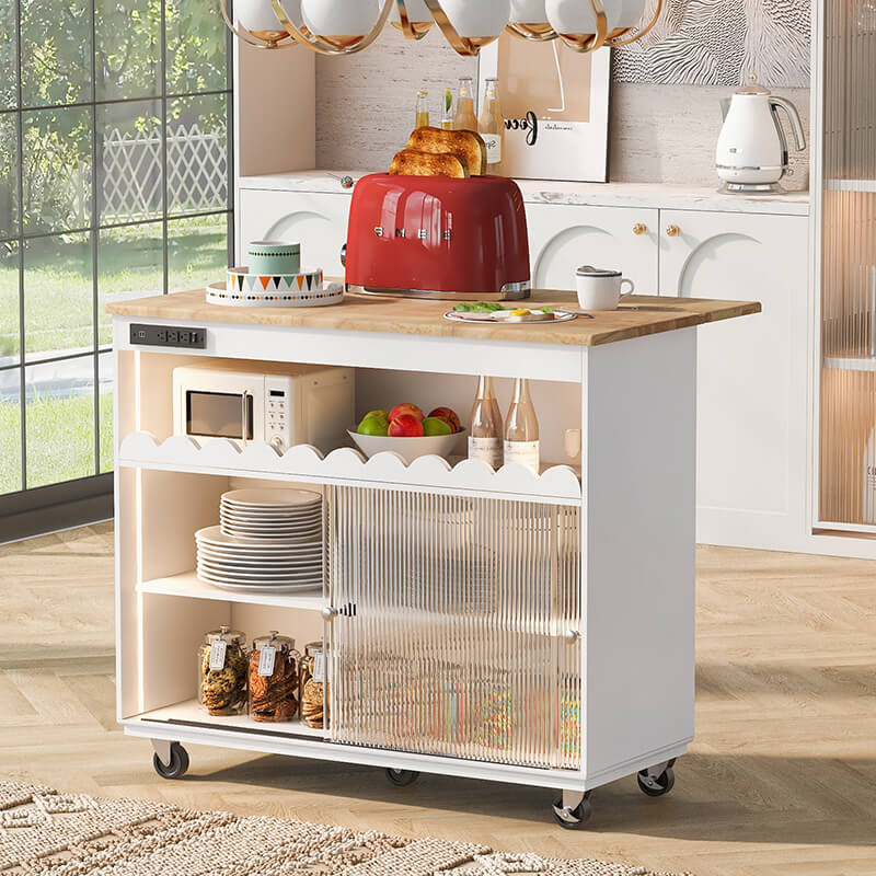 Elegant white kitchen island showcasing fluted glass doors and warm LED lighting, perfect for stylish kitchens.
