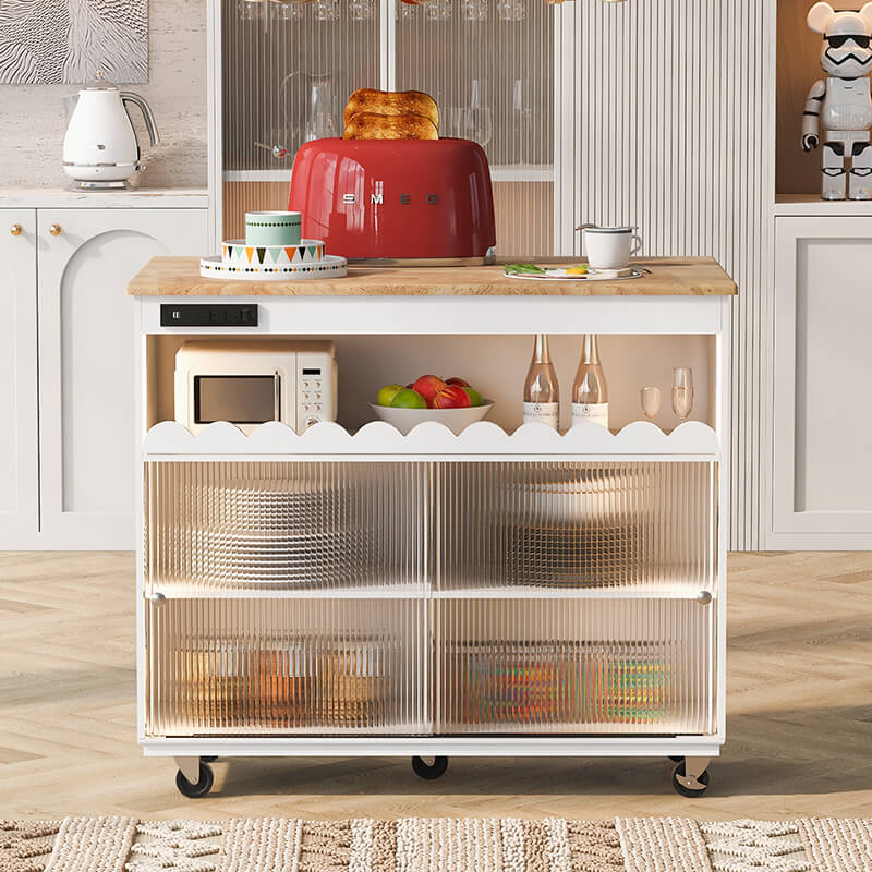 Elegant 44" White Kitchen Island with Fluted Glass Doors & Power Outlets - Image 2