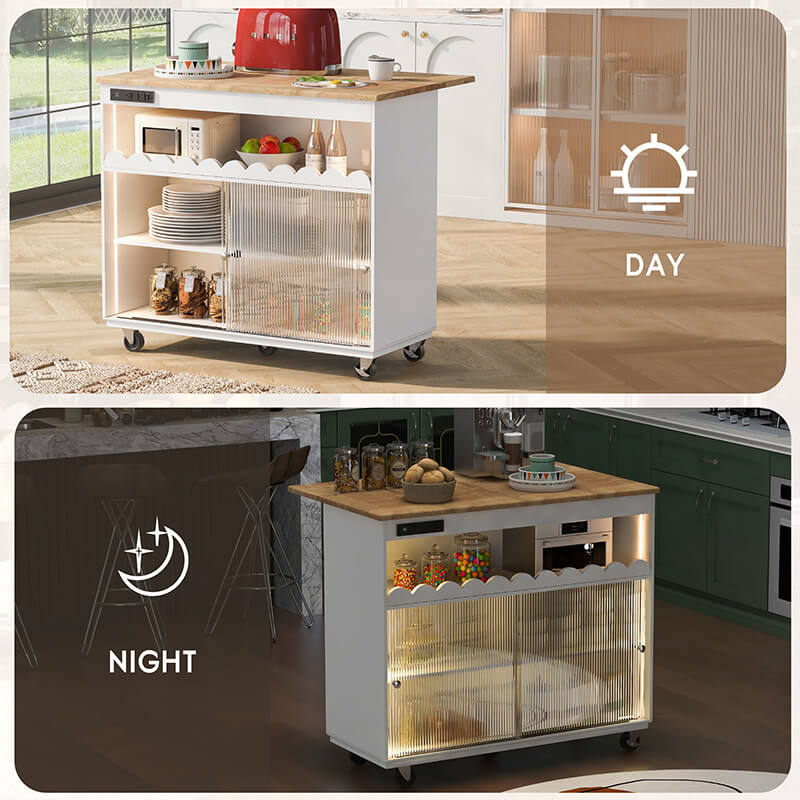 Elegant 44" White Kitchen Island with Fluted Glass Doors & Power Outlets - Image 4