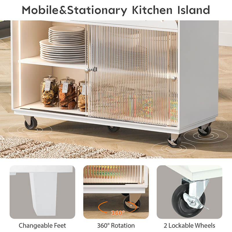Elegant 44" White Kitchen Island with Fluted Glass Doors & Power Outlets - Image 6