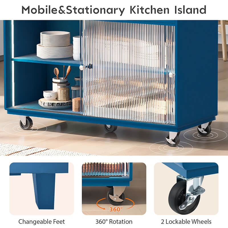 Navy Blue Modern Kitchen Island with Sliding Glass Doors - Image 10