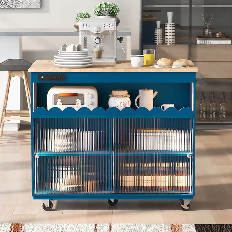 Navy blue kitchen island showcasing sliding glass doors and LED lighting from an angled view.