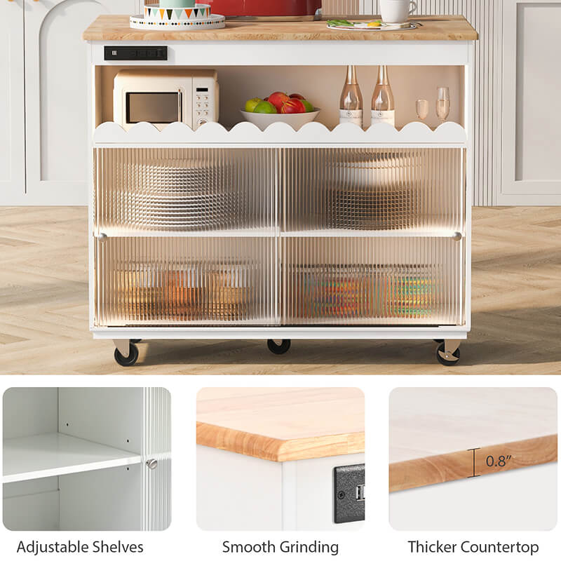 Elegant 44" White Kitchen Island with Fluted Glass Doors & Power Outlets - Image 5