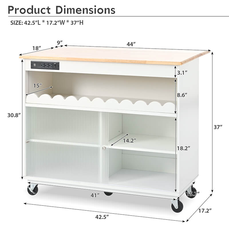 Elegant 44" White Kitchen Island with Fluted Glass Doors & Power Outlets - Image 10