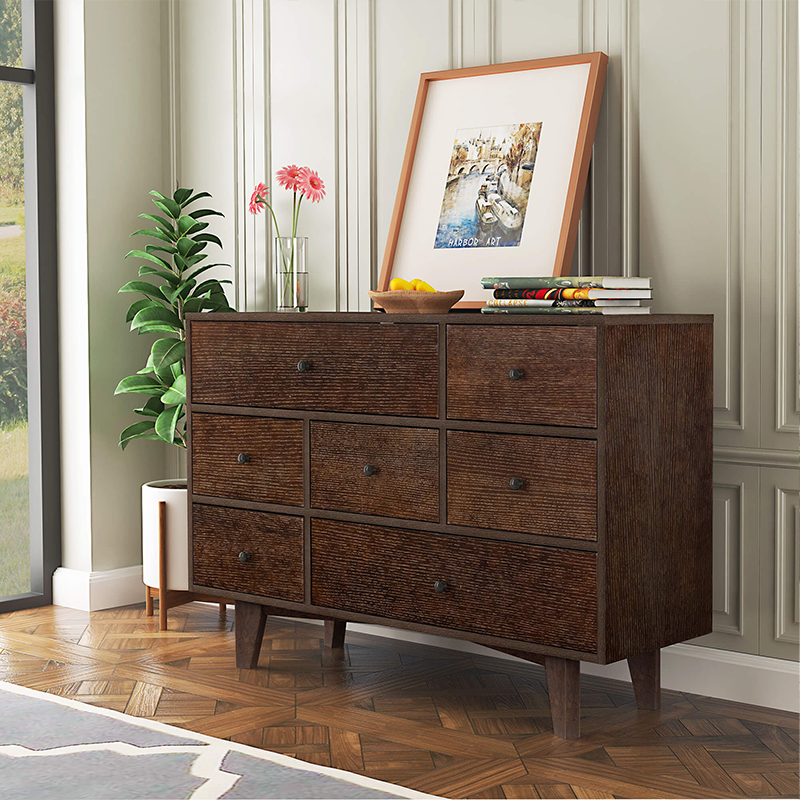 Close-up of the cabinets finish, highlighting the water-based paint and retro style.