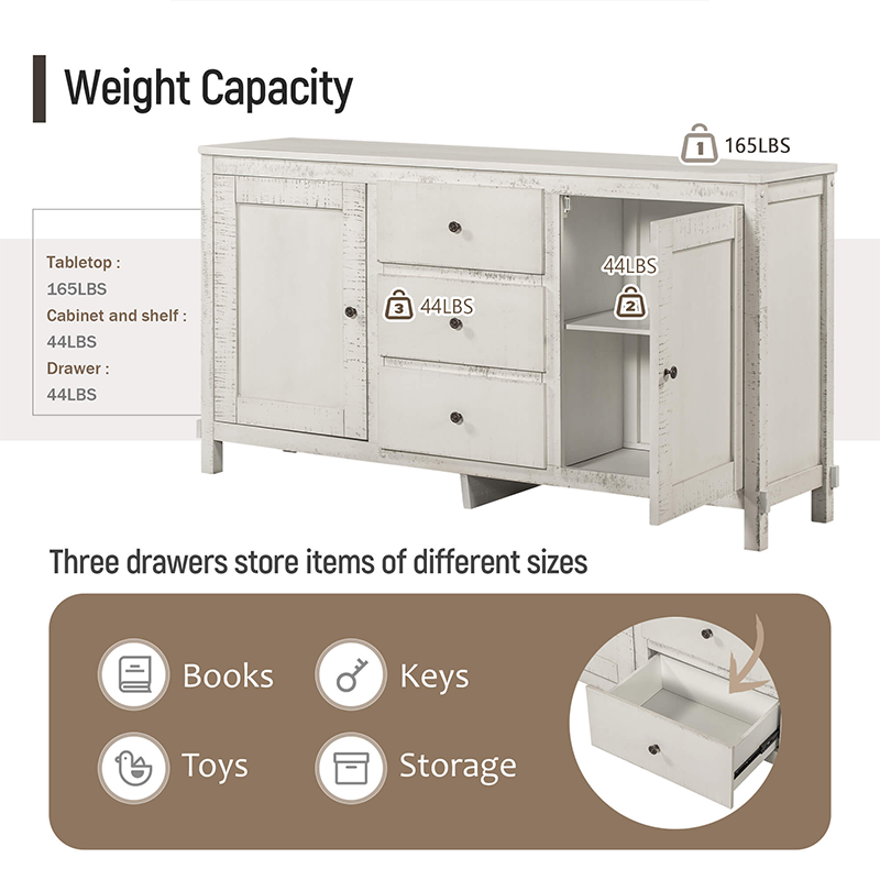 Close-up of the antique white buffet cabinets metal knobs and distressed wood finish.