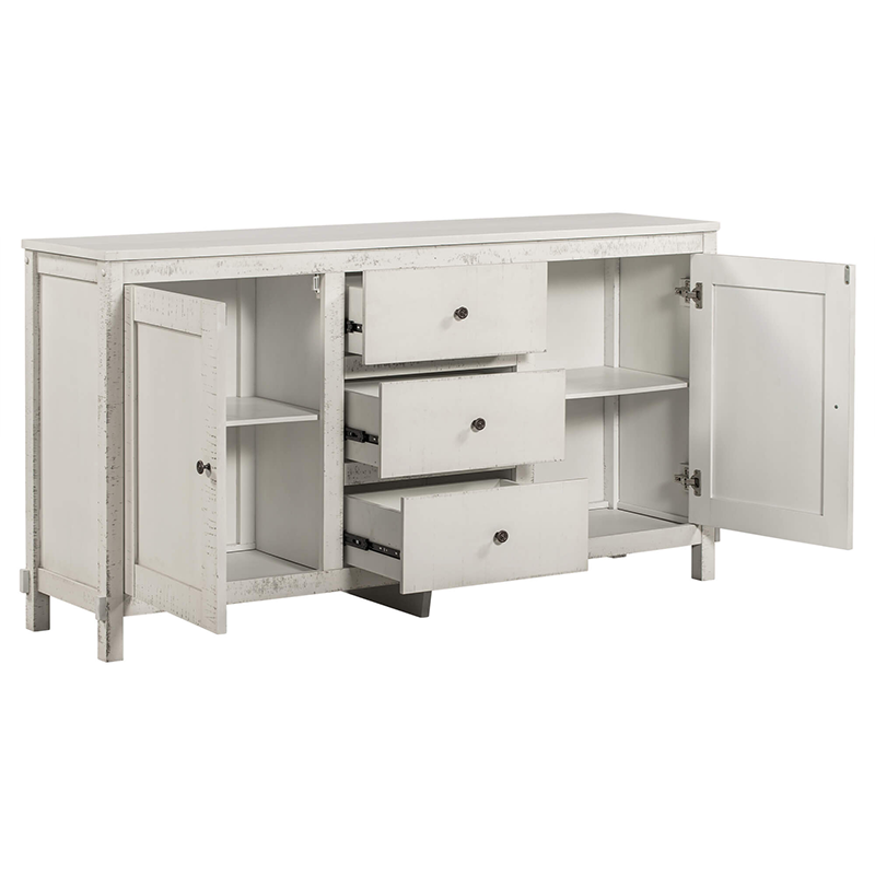 Full front view of the buffet cabinet with open doors revealing adjustable shelves and ample storage.