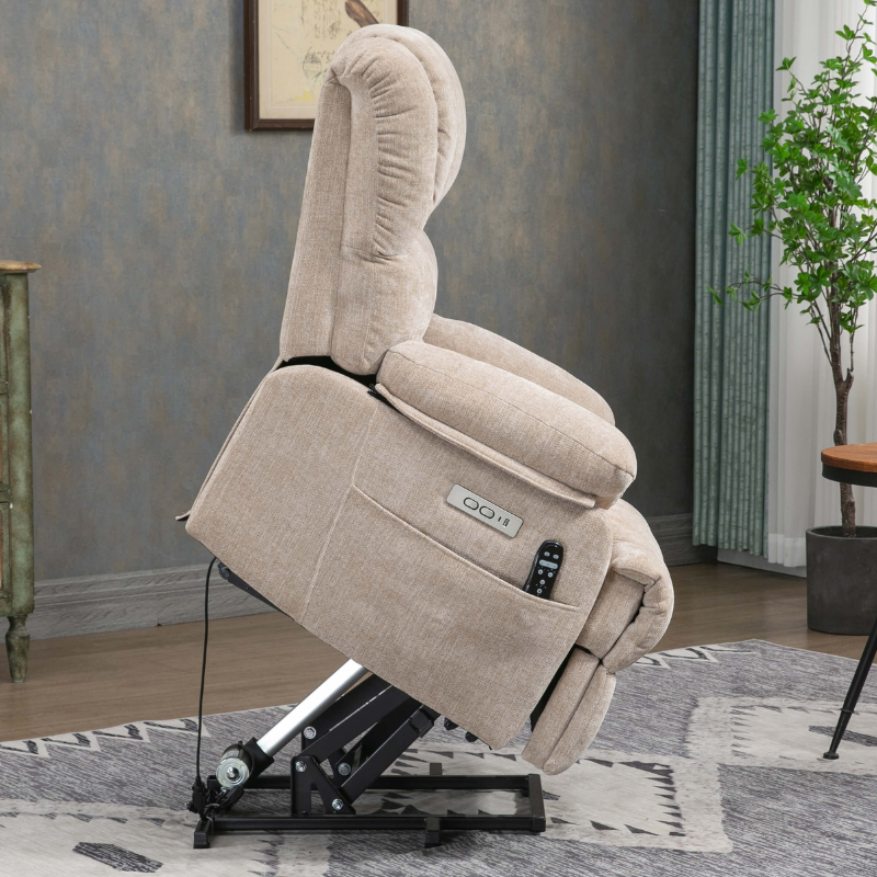 The spacious interior of the beige recliner chair demonstrating its large size and comfort during use.