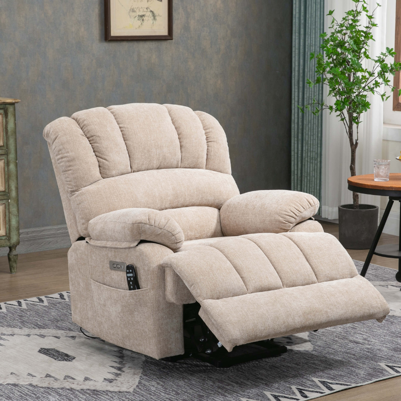 Beige comfort lift recliner chair showcasing its plush design and massage feature from the side.