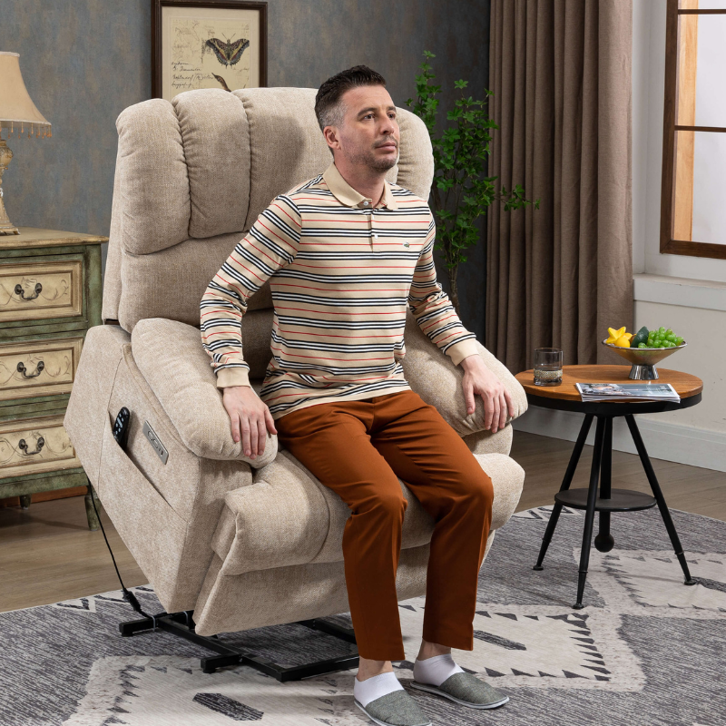 Beige comfort lift recliner chair showcasing its plush design and massage feature from the side.