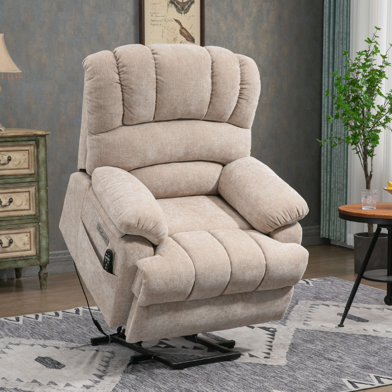 The spacious interior of the beige recliner chair demonstrating its large size and comfort during use.