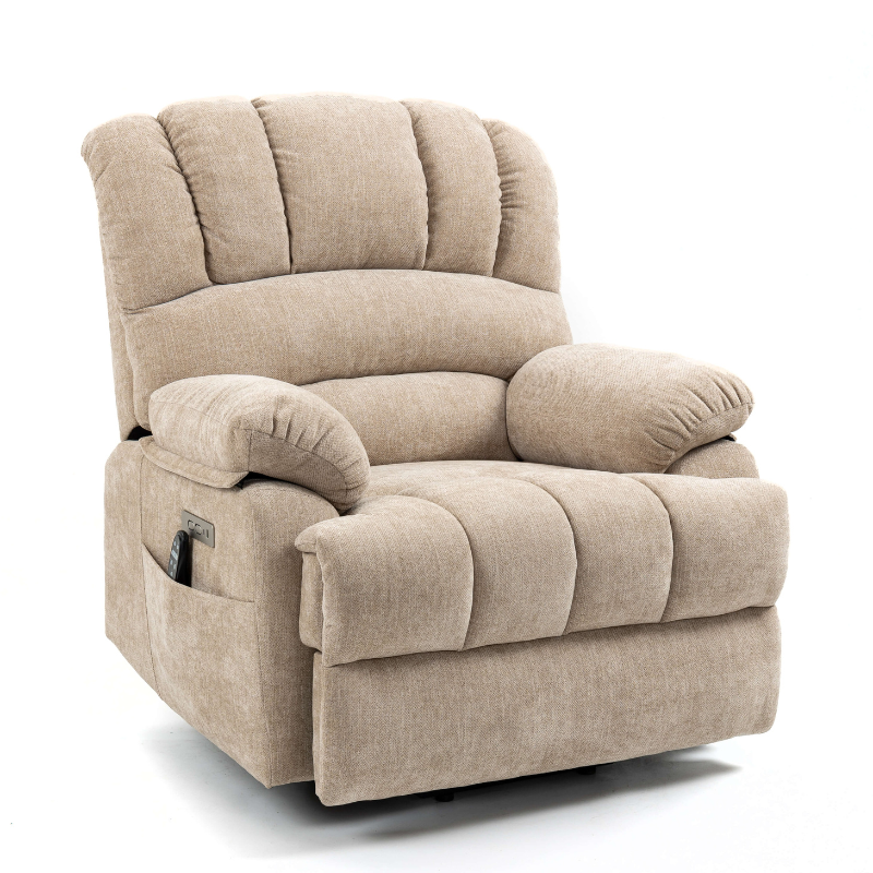 Close-up of the control buttons on the power lift chair highlighting the massage and heat settings.