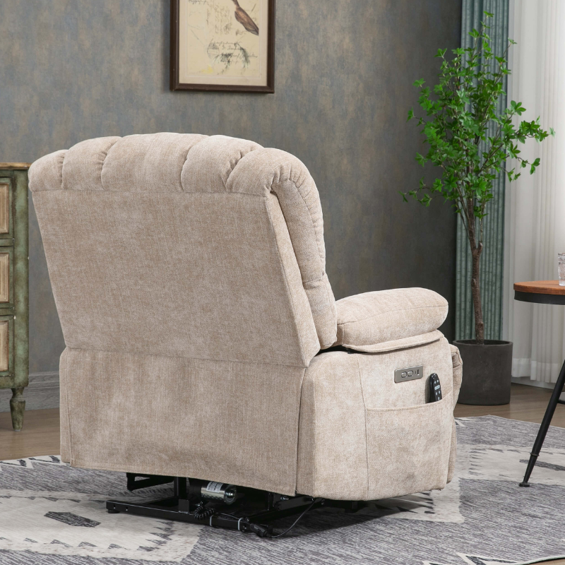 Beige comfort lift recliner chair showcasing its plush design and massage feature from the side.