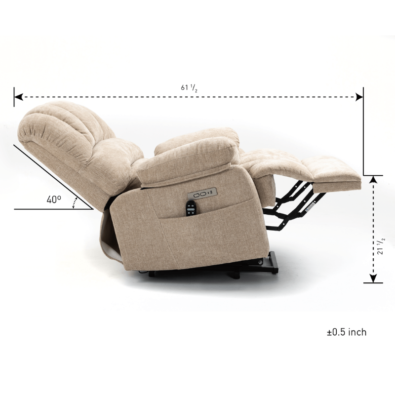 The spacious interior of the beige recliner chair demonstrating its large size and comfort during use.