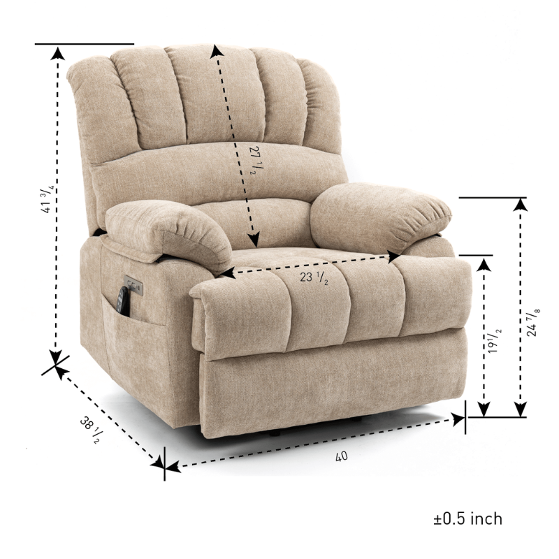 Beige comfort lift recliner chair showcasing its plush design and massage feature from the side.