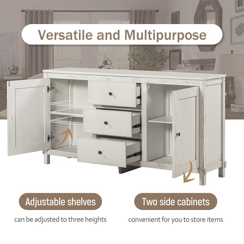 Full front view of the buffet cabinet with open doors revealing adjustable shelves and ample storage.
