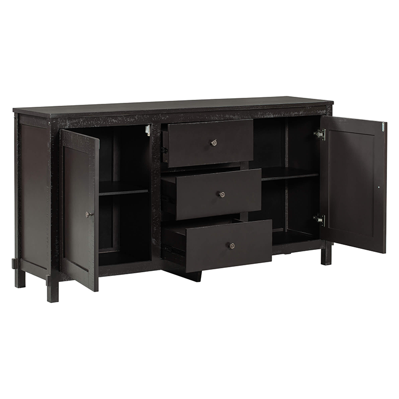 Front view of Classic Espresso Buffet Cabinet showcasing its elegant design and spacious drawers for kitchen organization.