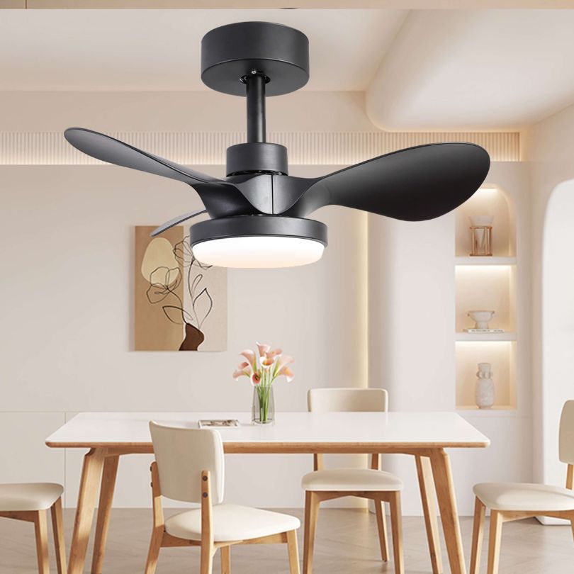 24-inch black ceiling fan with dimmable light in a modern living room setting.