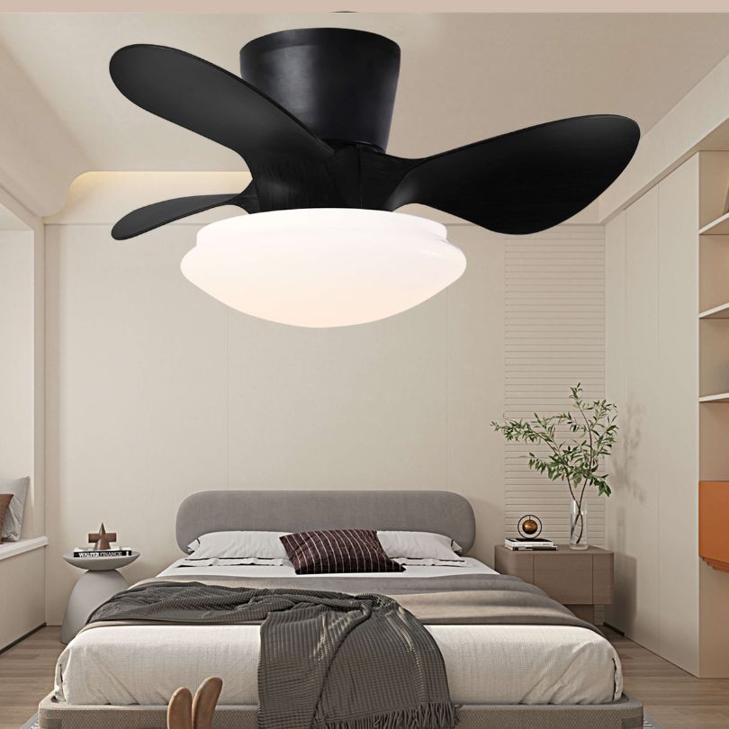 24-inch black ceiling fan with dimmable LED light in a modern living room setting.