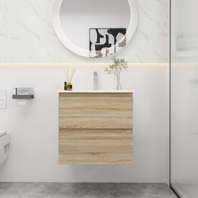 Front view of modern oak floating vanity with white gel basin and dual drawers