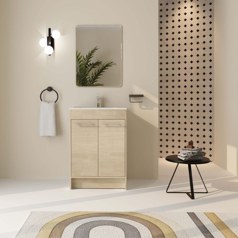 Front view of the light oak freestanding bathroom vanity showcasing the ceramic sink.