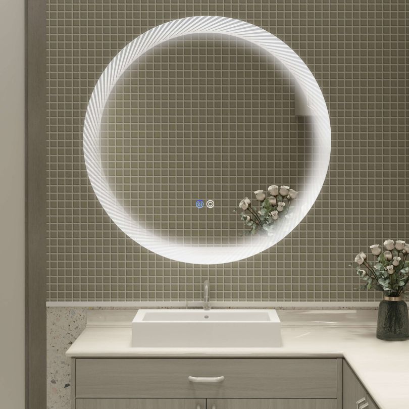 Close-up of the elegant round LED vanity mirror showcasing its sleek design and memory function.
