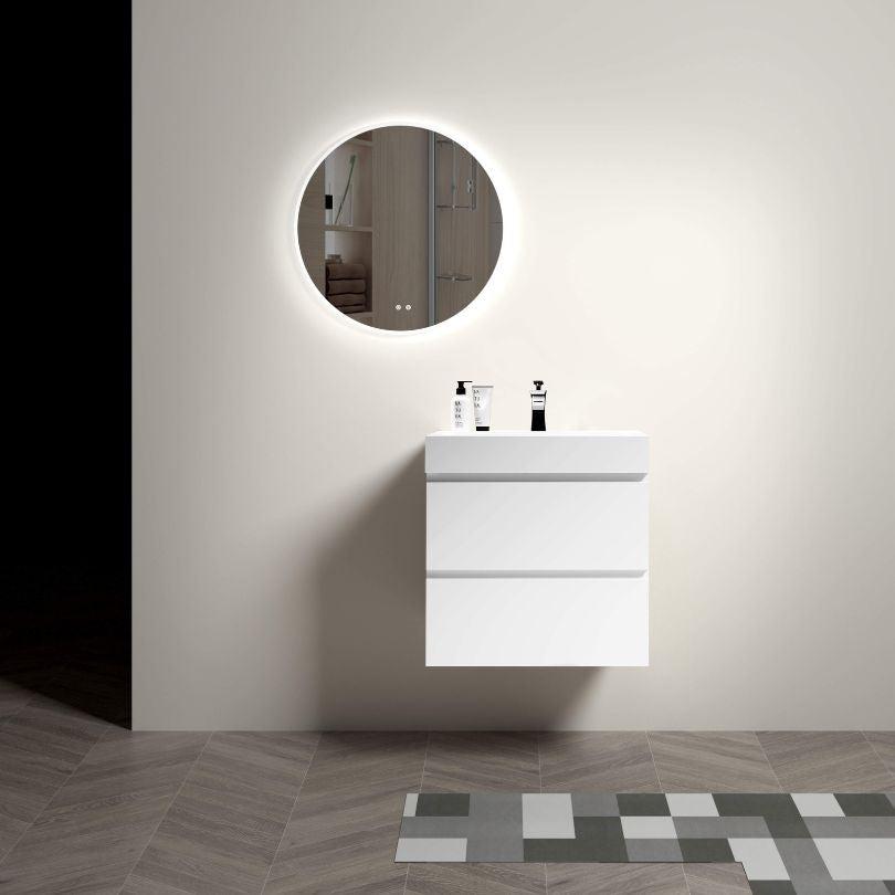 Alice 24-Inch modern floating bathroom vanity showcasing the white ceramic sink from a side angle.